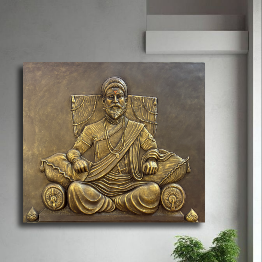 Full view of Chhatrapati Shivaji Maharaj 3D wall art sculpture in a regal pose with detailed relief work.