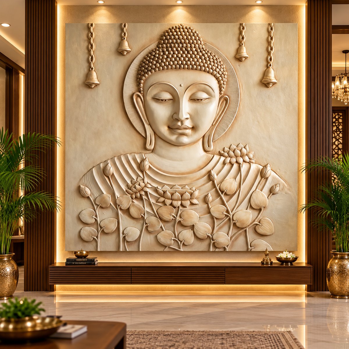 cream finish buddha 3d wall mural 6x6 ft handcrafted relief sculpture for modern home decor.