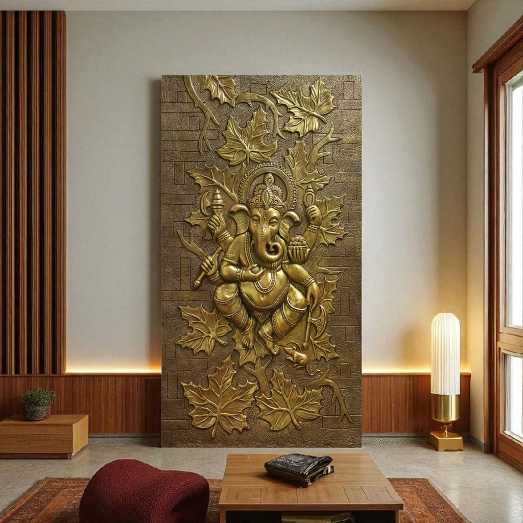 Magnificent Dancing Ganesha 3D Wall Art Mural 7 feet by 4 feet with flowing leaf motifs.