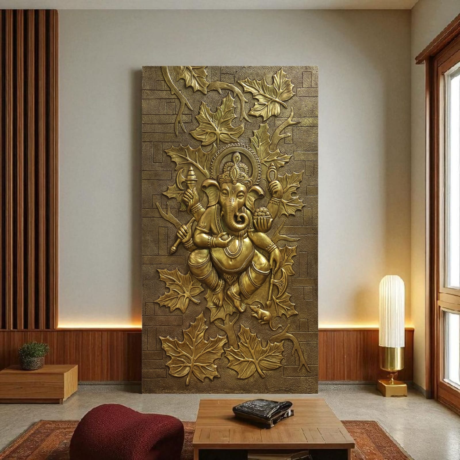 Magnificent Dancing Ganesha 3D Wall Art Mural 7 feet by 4 feet with flowing leaf motifs.