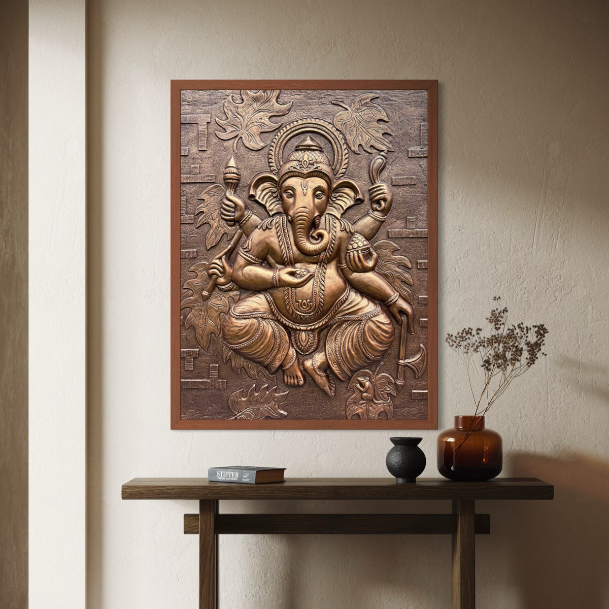 Framed bronze finish 4x3 feet Dancing Ganesha 3D relief mural, detailed handcrafted sculpture radiating divine blessings and artistic elegance