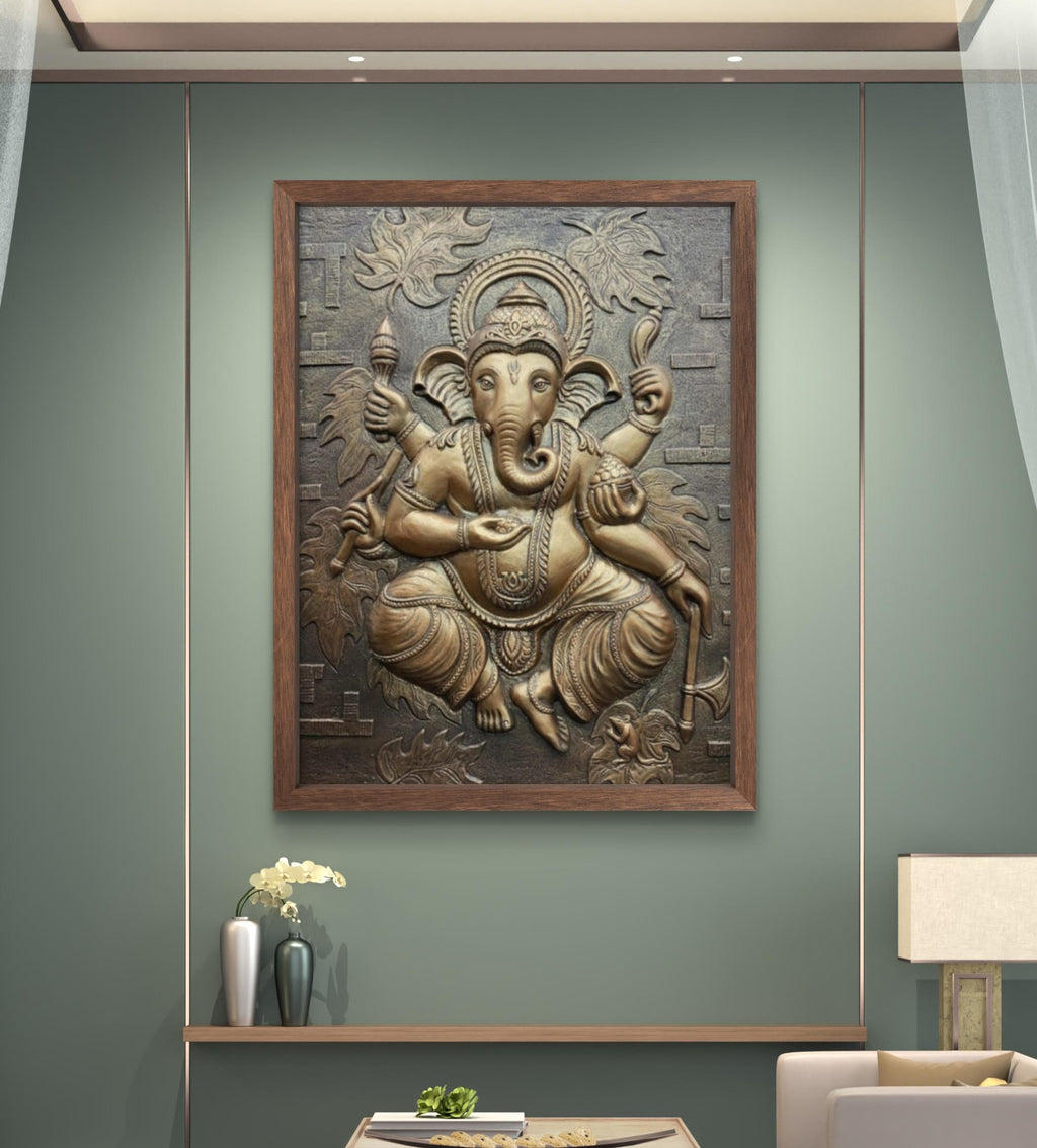 Framed bronze finish 4x3 feet Dancing Ganesha 3D relief mural, detailed handcrafted sculpture radiating divine blessings and artistic elegance.