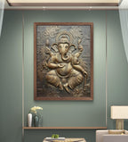 Framed bronze finish 4x3 feet Dancing Ganesha 3D relief mural, detailed handcrafted sculpture radiating divine blessings and artistic elegance.