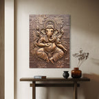 Unframed 4x3 feet bronze Dancing Ganesha 3D wall mural, handcrafted relief art symbolizing strength, wisdom, and spiritual energy.