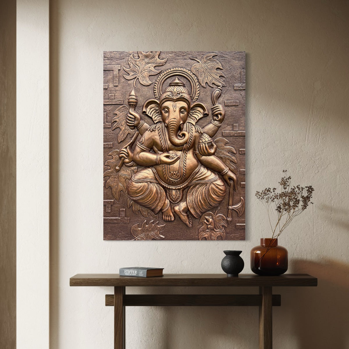 Unframed 4x3 feet bronze Dancing Ganesha 3D wall mural, handcrafted relief art symbolizing strength, wisdom, and spiritual energy.