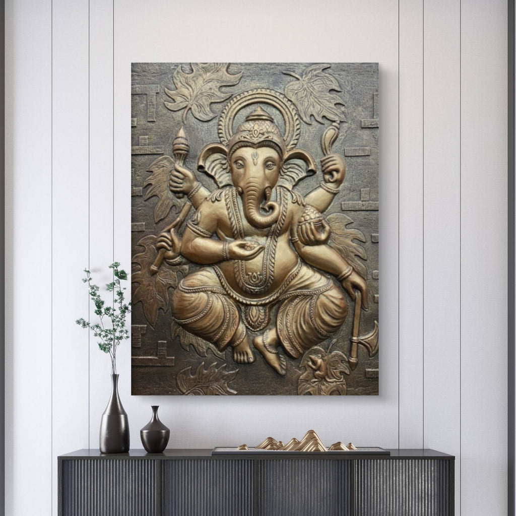 Unframed 4x3 feet bronze Dancing Ganesha 3D wall mural, handcrafted relief art symbolizing strength, wisdom, and spiritual energy.