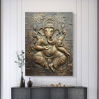 Unframed 4x3 feet bronze Dancing Ganesha 3D wall mural, handcrafted relief art symbolizing strength, wisdom, and spiritual energy.