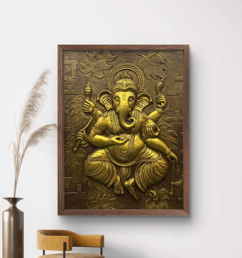 Framed 4x3 feet Dancing Ganesha 3D relief wall mural in gold finish, handcrafted Hindu wall art symbolizing prosperity, wisdom, and success.