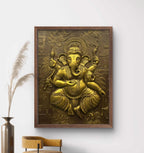 Framed 4x3 feet Dancing Ganesha 3D relief wall mural in gold finish, handcrafted Hindu wall art symbolizing prosperity, wisdom, and success.