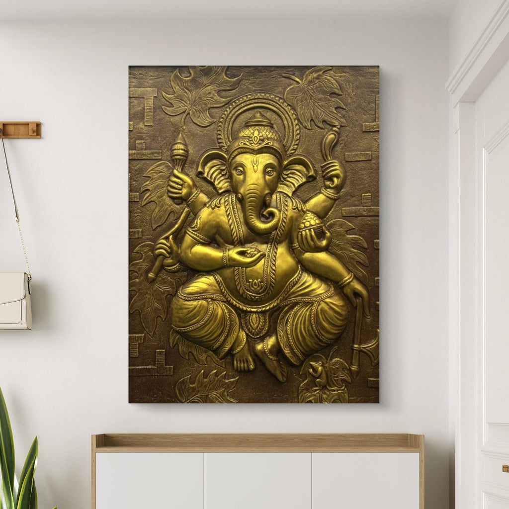 Unframed 4x3 feet Dancing Ganesha 3D relief mural in gold finish, handmade spiritual wall art for homes, offices, and temples.