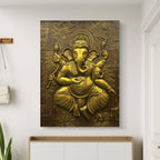 Unframed 4x3 feet Dancing Ganesha 3D relief mural in gold finish, handmade spiritual wall art for homes, offices, and temples.