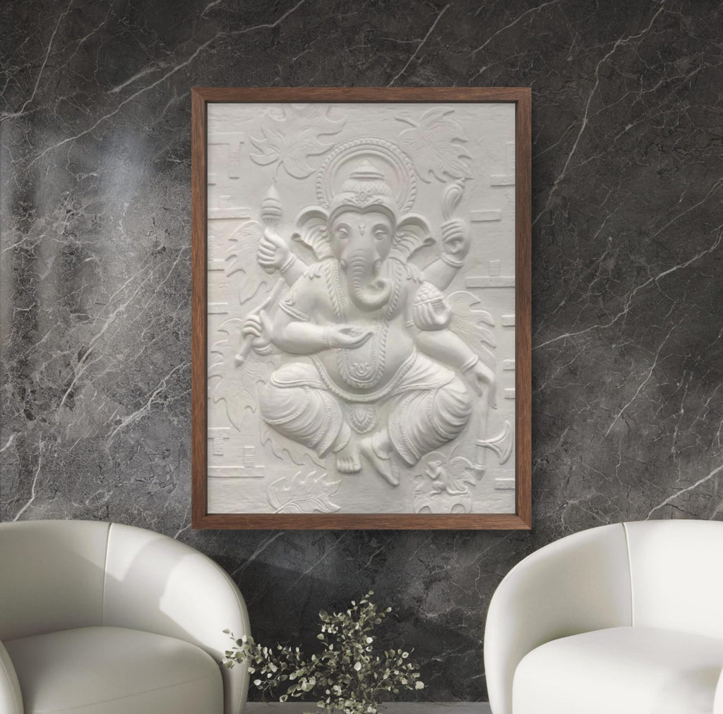 Framed 4x3 feet white finish Dancing Ganesha 3D relief wall mural, handcrafted sculpture representing purity, peace, and divine grace.