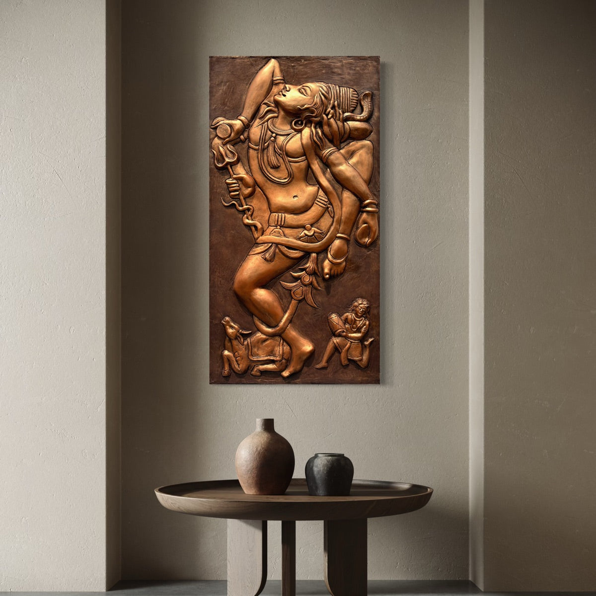 Full view of dancing Lord Shiva 3D wall art sculpture depicting a dynamic Nataraja pose.