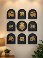 Decorative prabhavali wall motifs installed as traditional Indian wall décor in an interior space in bronze colour