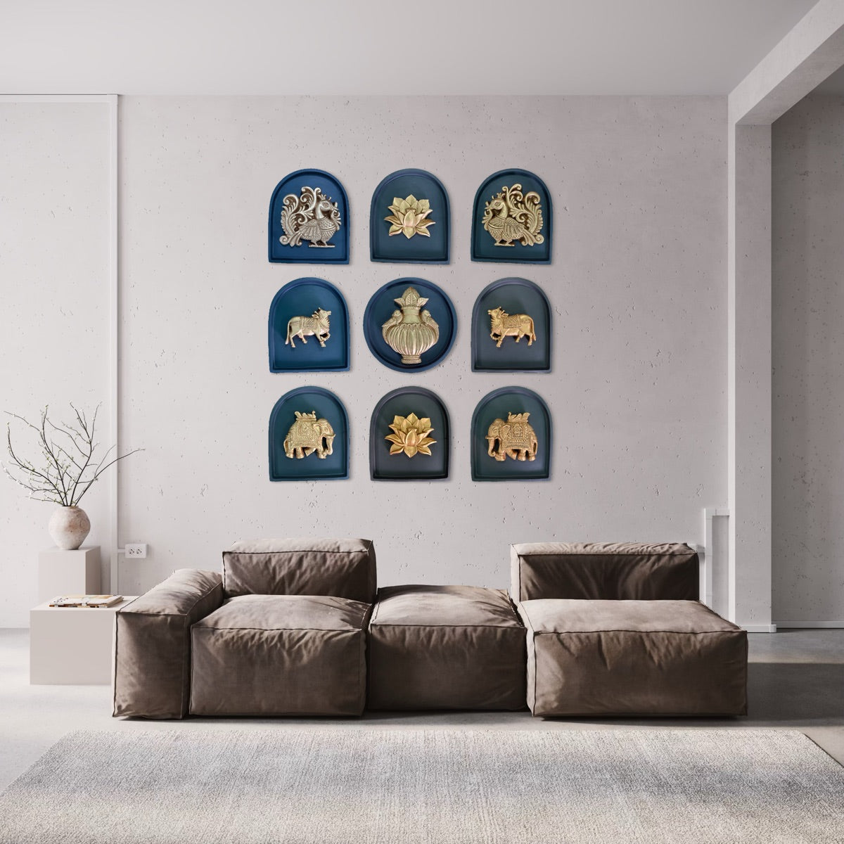 Decorative prabhavali wall motifs installed as traditional Indian wall décor in an interior space