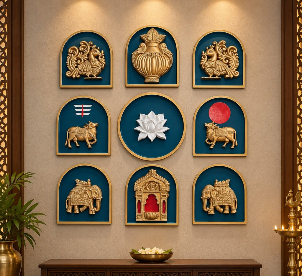 Set of nine decorative wall motifs with prabhavali inspired by traditional Indian wall décor