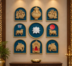 Set of nine decorative wall motifs with prabhavali inspired by traditional Indian wall décor