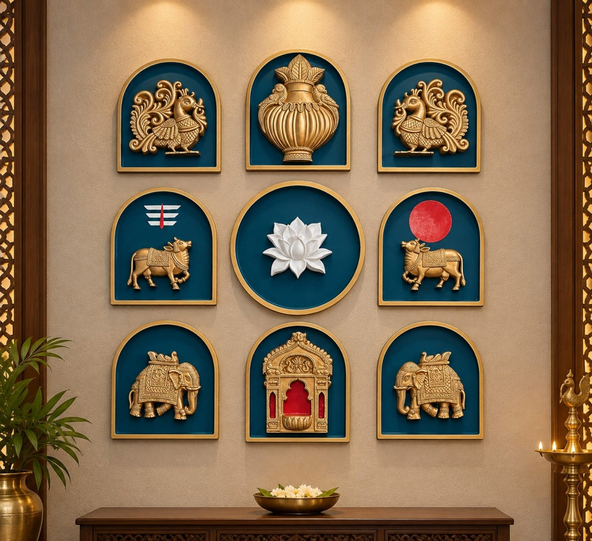 Set of nine decorative wall motifs with prabhavali inspired by traditional Indian wall décor