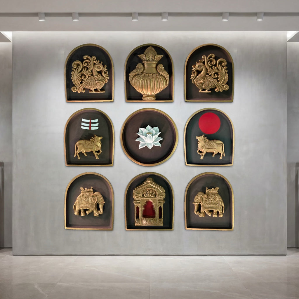 Set of nine decorative wall motifs with prabhavali inspired by traditional Indian wall décor.