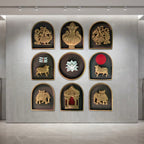 Set of nine decorative wall motifs with prabhavali inspired by traditional Indian wall décor.