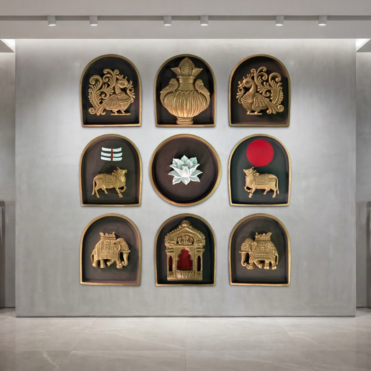 Set of nine decorative wall motifs with prabhavali inspired by traditional Indian wall décor.