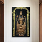 Deep Black and Gold divine wall art of Balaji and Lakshmi, perfect for a temple or grand entrance.