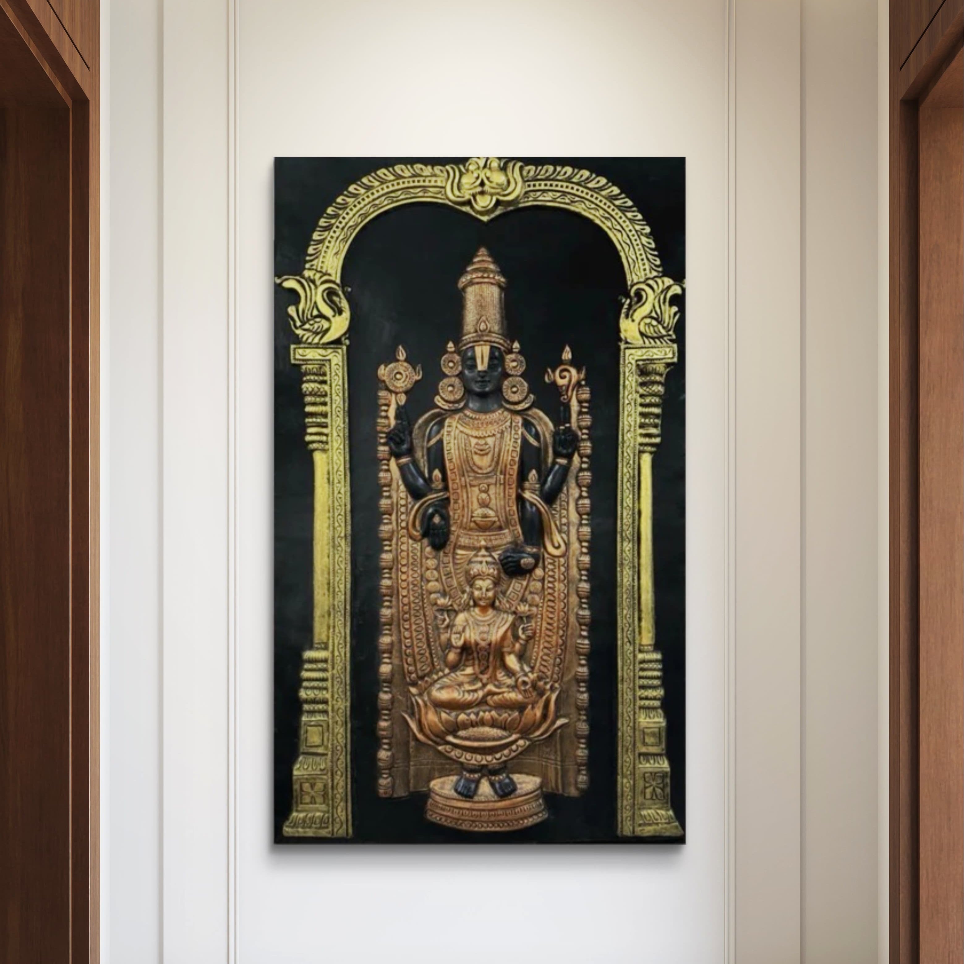 Deep Black and Gold divine wall art of Balaji and Lakshmi, perfect for a temple or grand entrance.