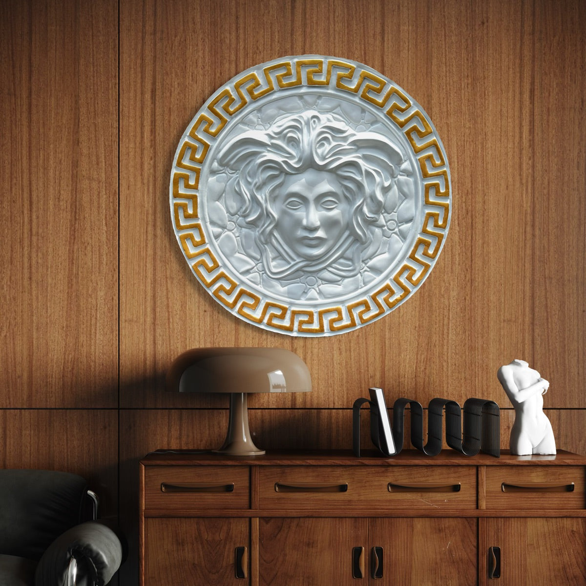 Close-up of designer-inspired 3D relief wall art highlighting intricate sculpted details