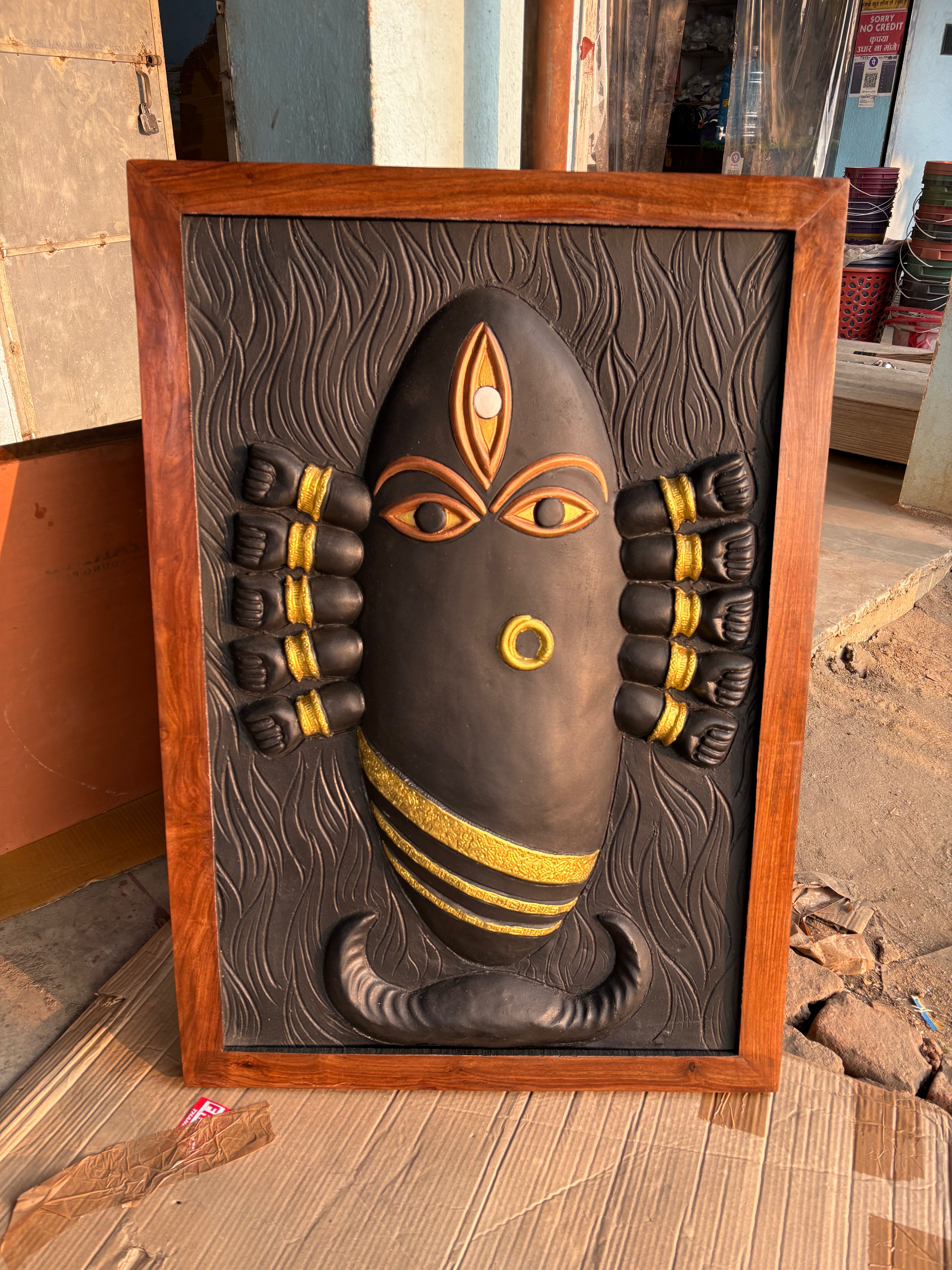 Linga Bhairavi 3D Relief Wall Art (3x2 ft) in black and framed , a tribute to the fierce and compassionate Devi, suitable for home, office and puja room.