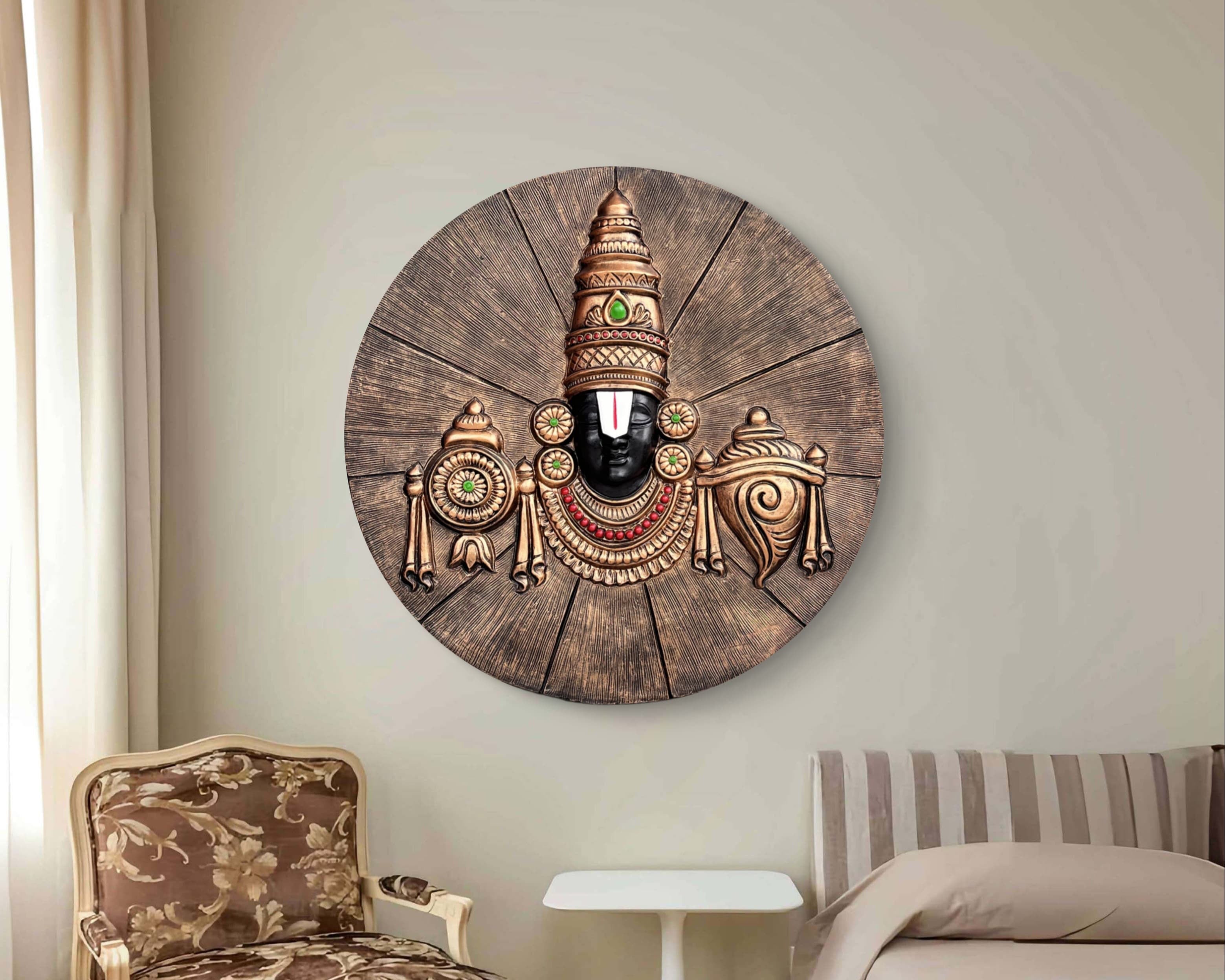 Divine Lord Venkateswara round wall art, a beautiful spiritual centerpiece for devotion.