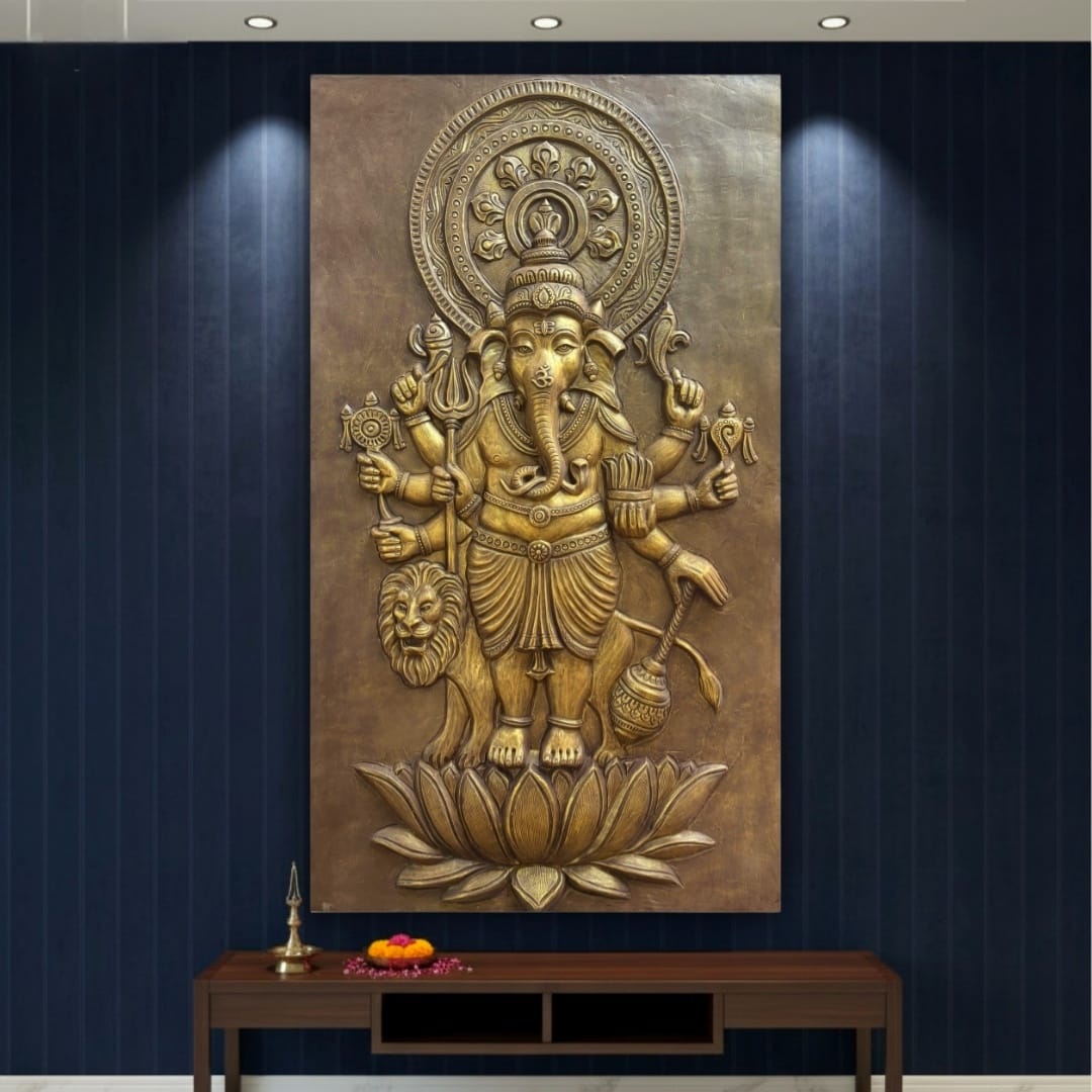 Drishti Ganesha Mahaganapati 3D relief mural wall art in 7x4 feet size, handcrafted Vastu decorative sculpture ready to hang for spiritual and luxury home decor