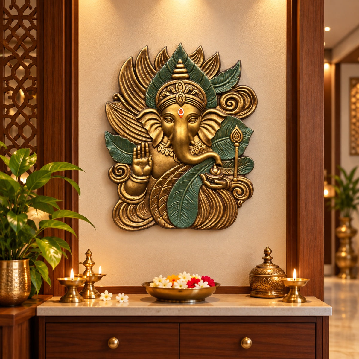 Close-up of Elegant Ganesha 3D relief wall art highlighting intricate sculptural detailing.