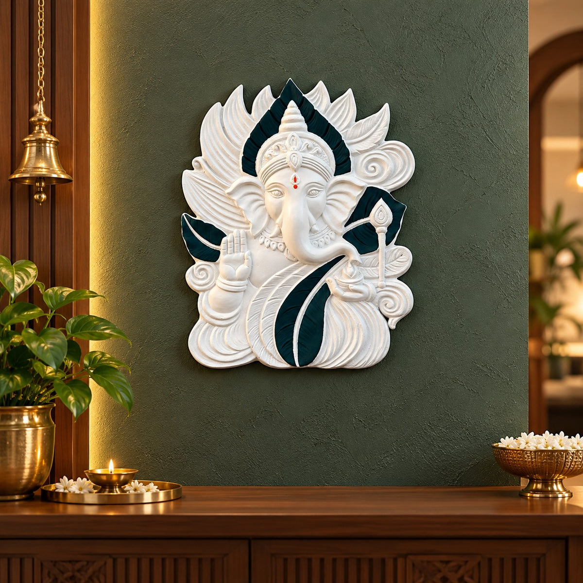 Close-up of Elegant Ganesha 3D relief wall art highlighting intricate sculptural detailing in multicolour.