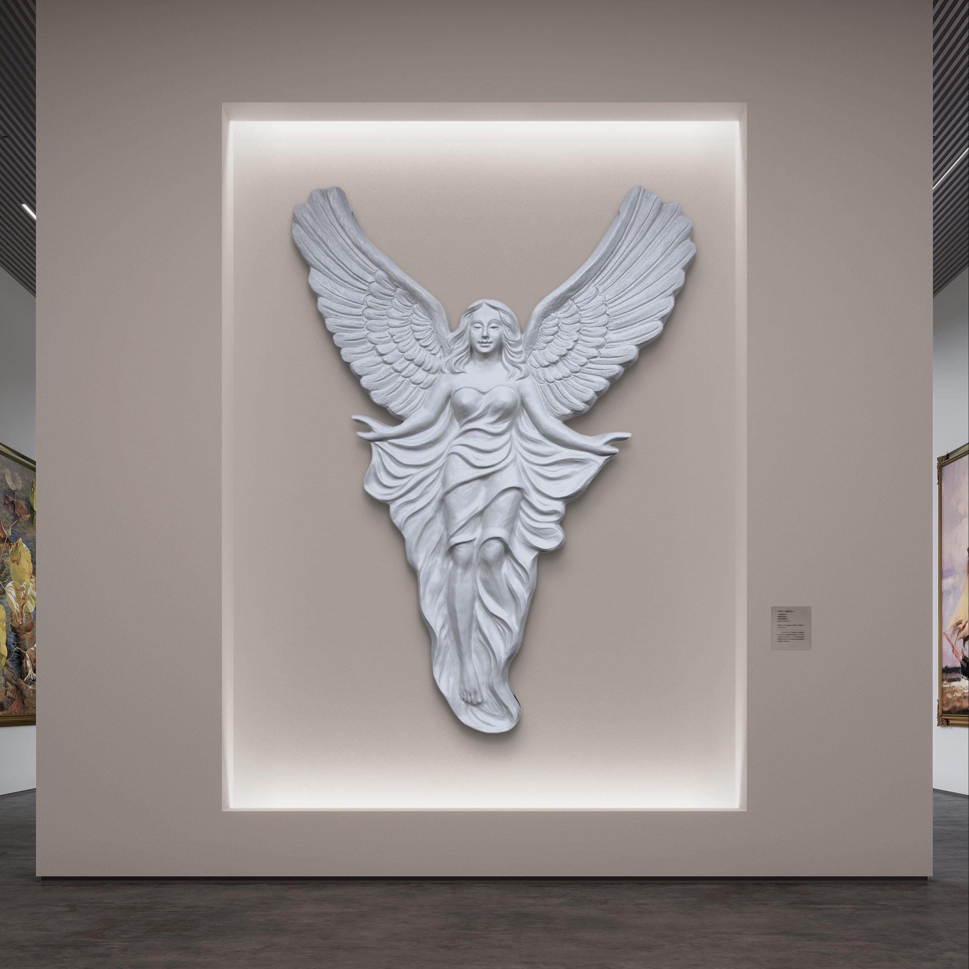 Pristine white Angel with Wings mural, imbuing commercial spaces with strength and peace.