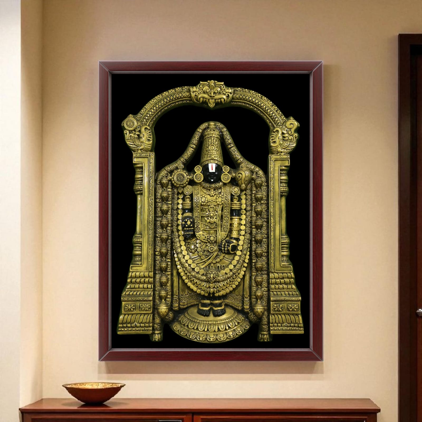 Close-up of the handcrafted Tirupati Balaji deity sculpture in 3D relief with Frame.