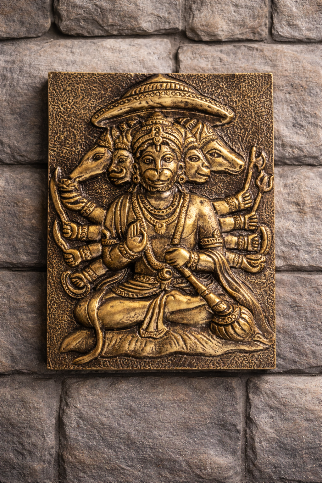 five faced Hanuman 3D wall relief artwork symbolizing protection and strength, ideal for indoor spiritual wall decor