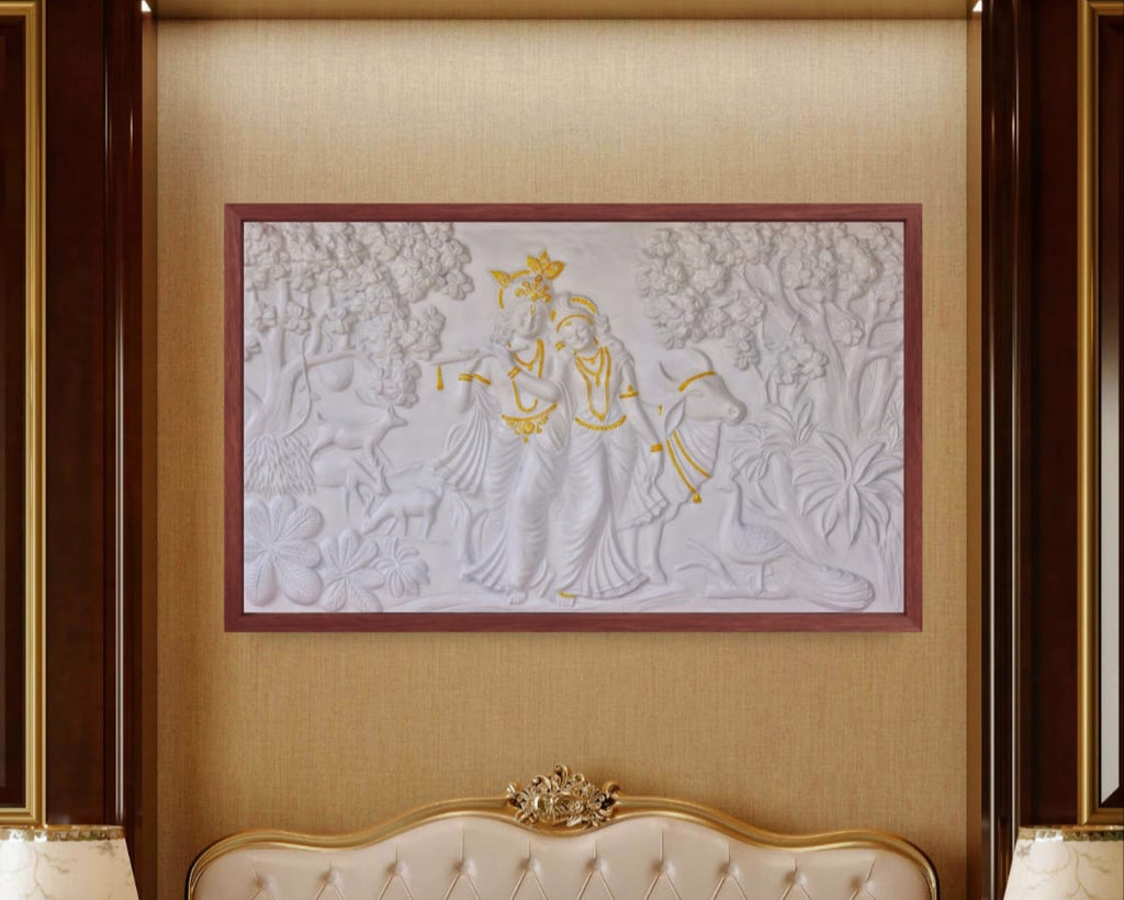Framed Radha Krishna mural with golden highlights, transforming the space into a sanctuary of peace.