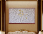 Framed Radha Krishna mural with golden highlights, transforming the space into a sanctuary of peace.
