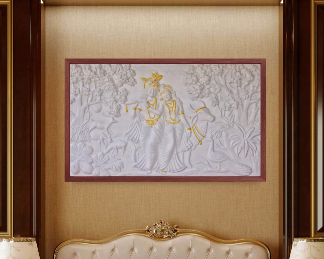 Framed Radha Krishna mural with golden highlights, transforming the space into a sanctuary of peace.