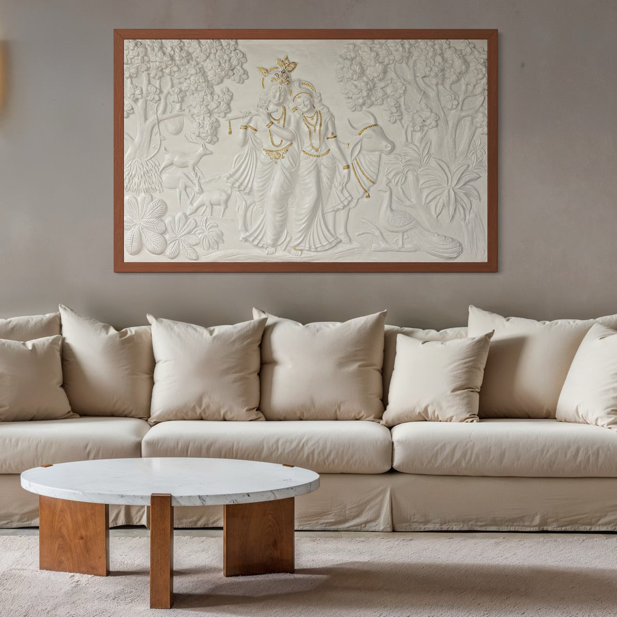 Framed Radha Krishna mural white with golden highlights, transforming the space into a sanctuary of peace.