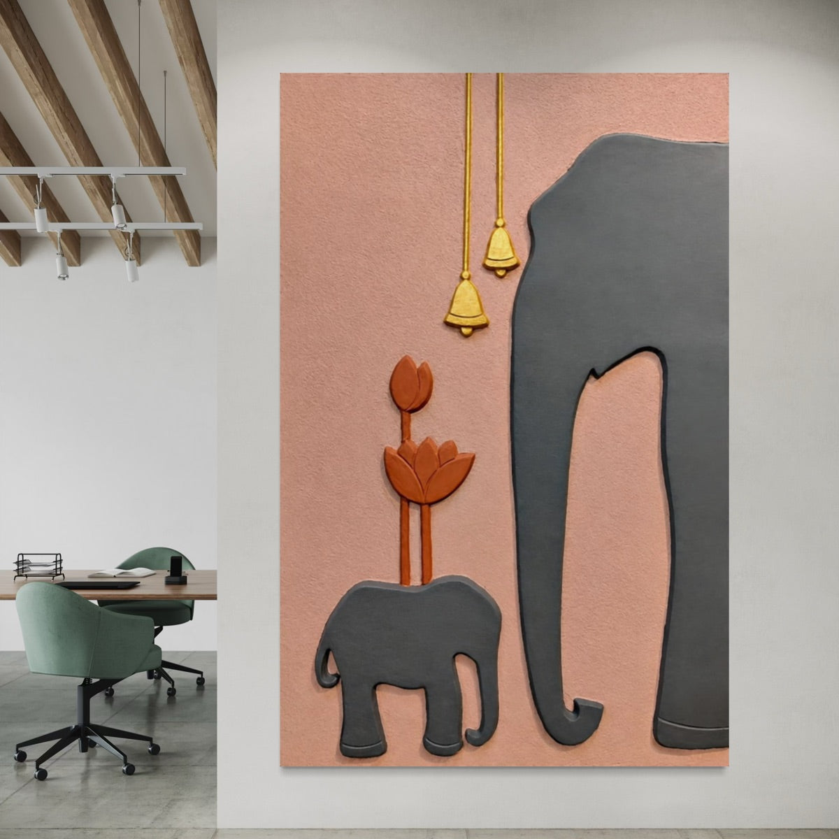Full view of Gaja Mangalam 3D relief wall art featuring an elegant elephant-inspired decorative design.