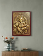 20x15 inch 3D relief mural of Ganeshain golden colour, intricately crafted wall art ideal for home, office, or meditation spaces.