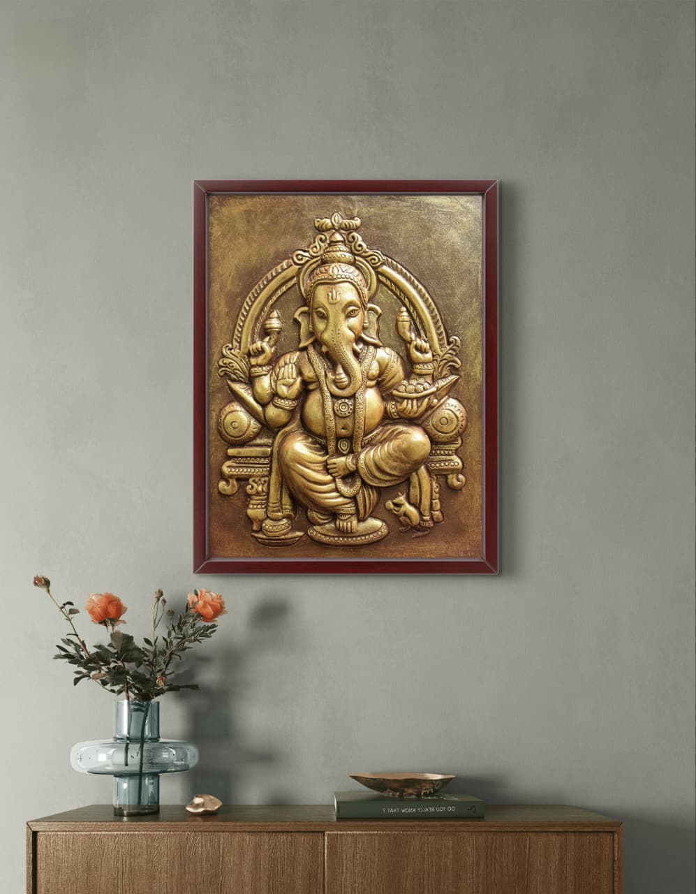 20x15 inch 3D relief mural of Ganeshain golden colour, intricately crafted wall art ideal for home, office, or meditation spaces.