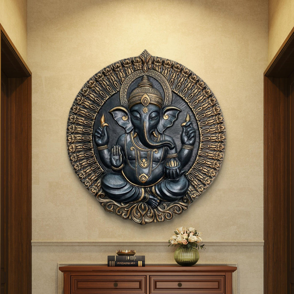 ganesha circular 3d wall mural 3.5x3 ft black with golden highlights handcrafted wall sculpture for home decor