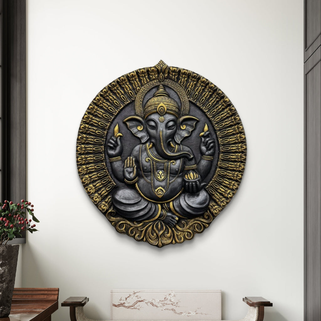 ganesha circular relief mural 3d wall art sculpture 3.5x3 ft handcrafted for living room interiors