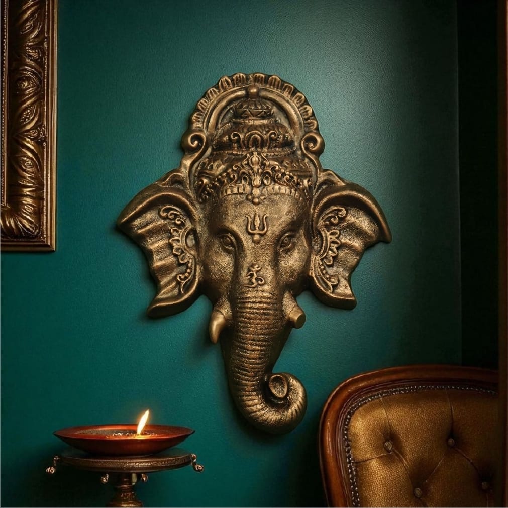 Ganesha face 3D relief wall mural (3x2.5 ft) in bronze finish | handcrafted wall sculpture for home décor