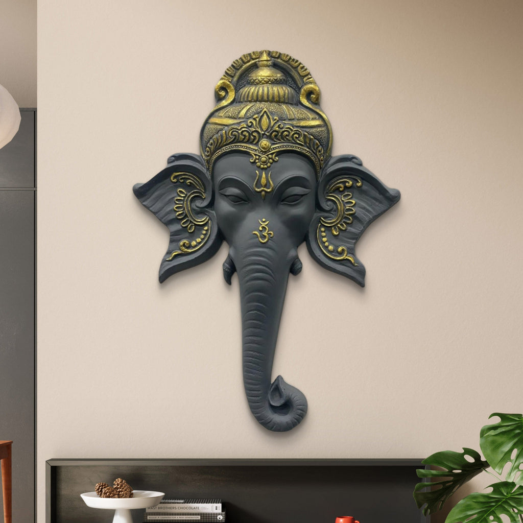 Ganesha face wall sculpture (32x21 inch), handcrafted 3D mural combining wall painting and relief design
