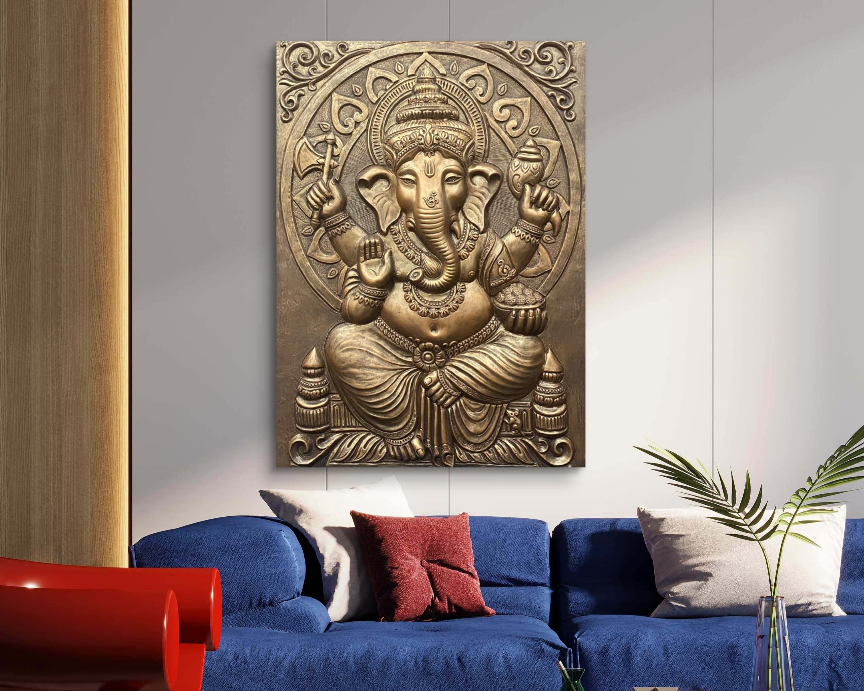 Handcrafted Ganesha 3D wall art, ready-to-hang piece available in Gold, Bronze, and White.
