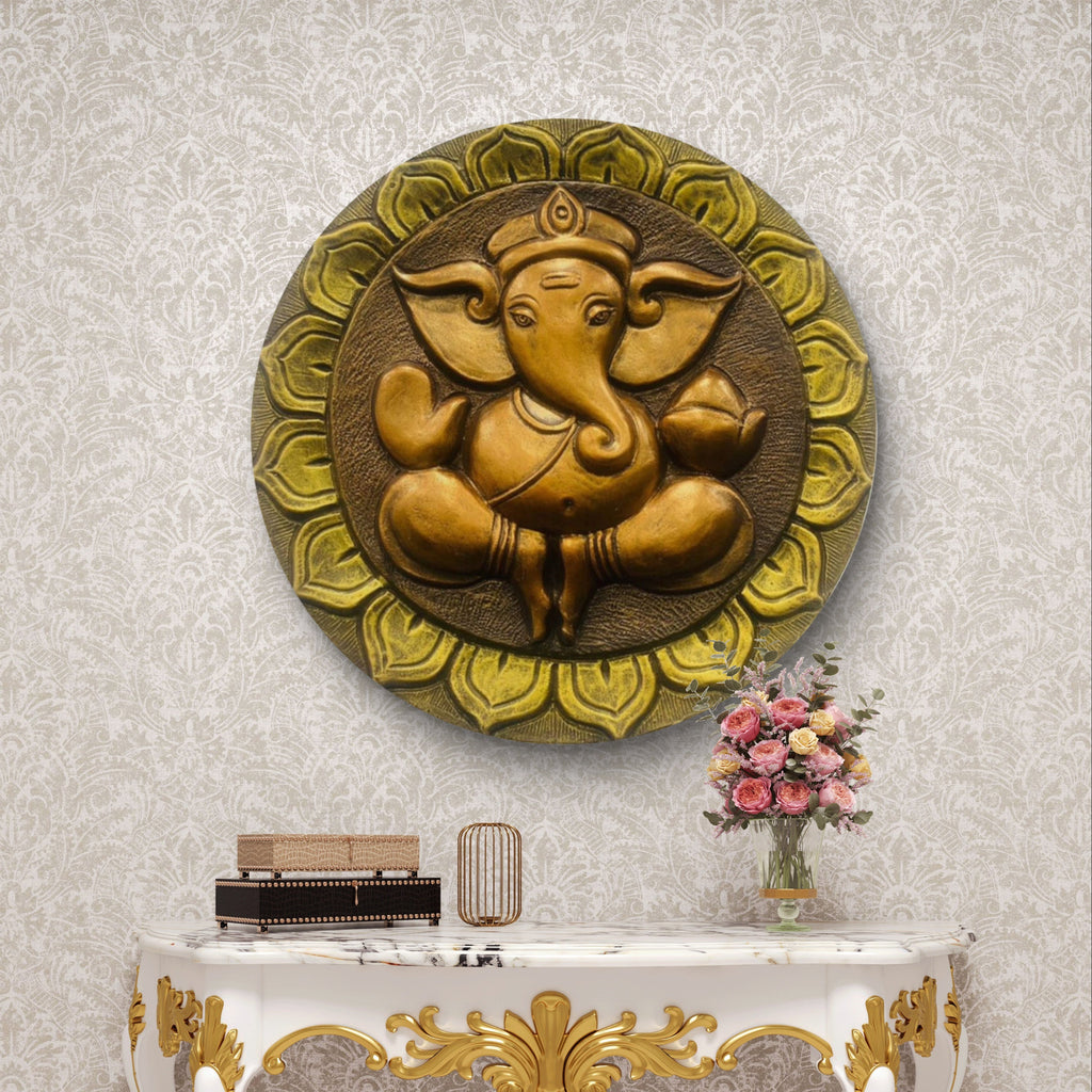 ganesha round 3d wall mural 21x21 inch gold bronze finish handcrafted relief sculpture for home decor