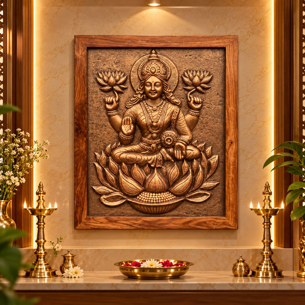 Full view of Goddess Lakshmi 3D wall art sculpture designed for elegant spiritual and home décor.